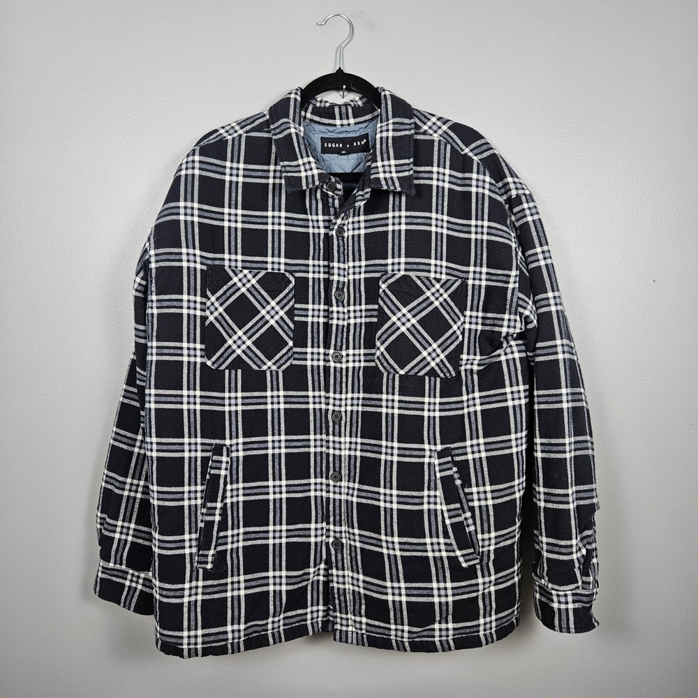 Edgar + Ash Mens XL Shirt Jacket Quilted Lined Plaid Flannel Shacket Black White